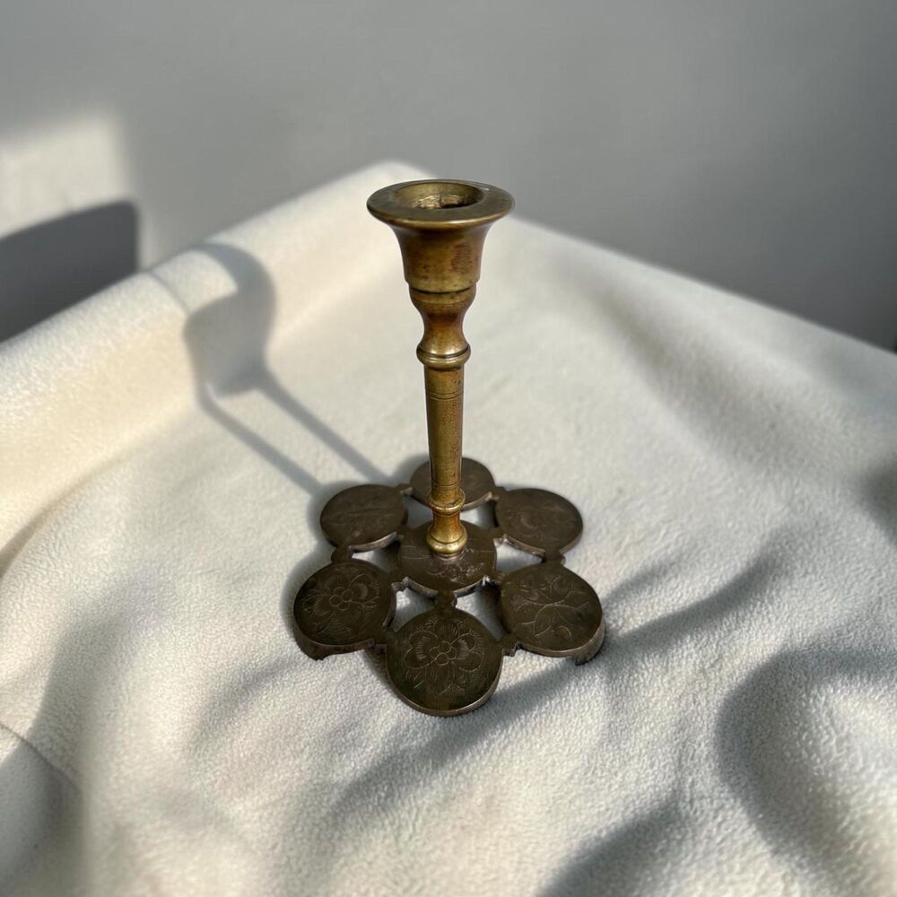 Vintage Brass Candlestick Floral Etched Base, Taper Candle Holder, Chinoiserie